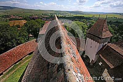 Viscri, Brasov county â€“ Transylvania. Panoramic view from the roof top. Stock Photo